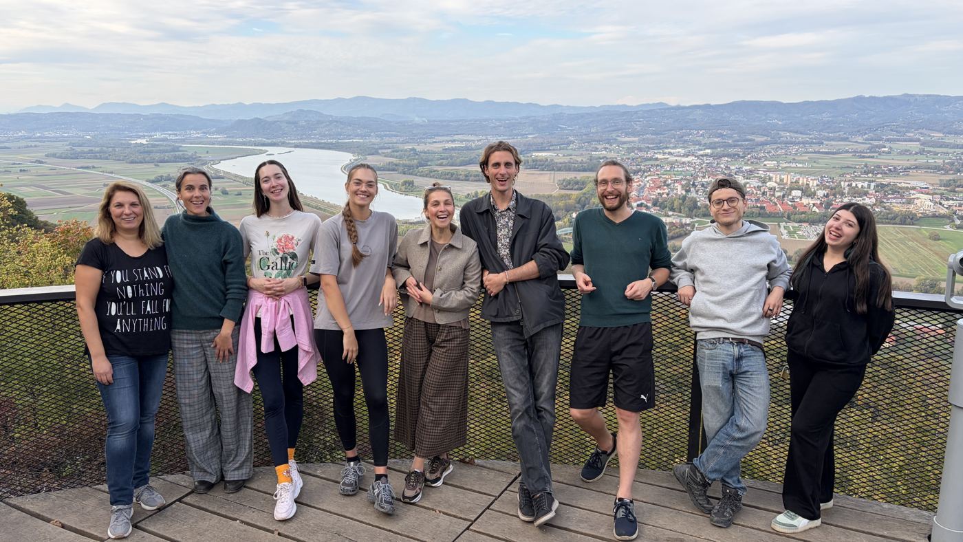 Grupo de participantes del curso de formación posando en un mirador sobre el valle, en Eslovenia